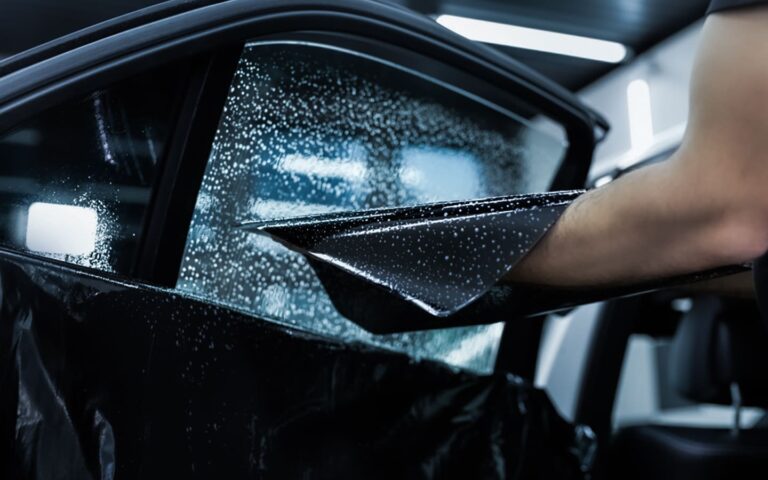Hand applying window tint film with water spray