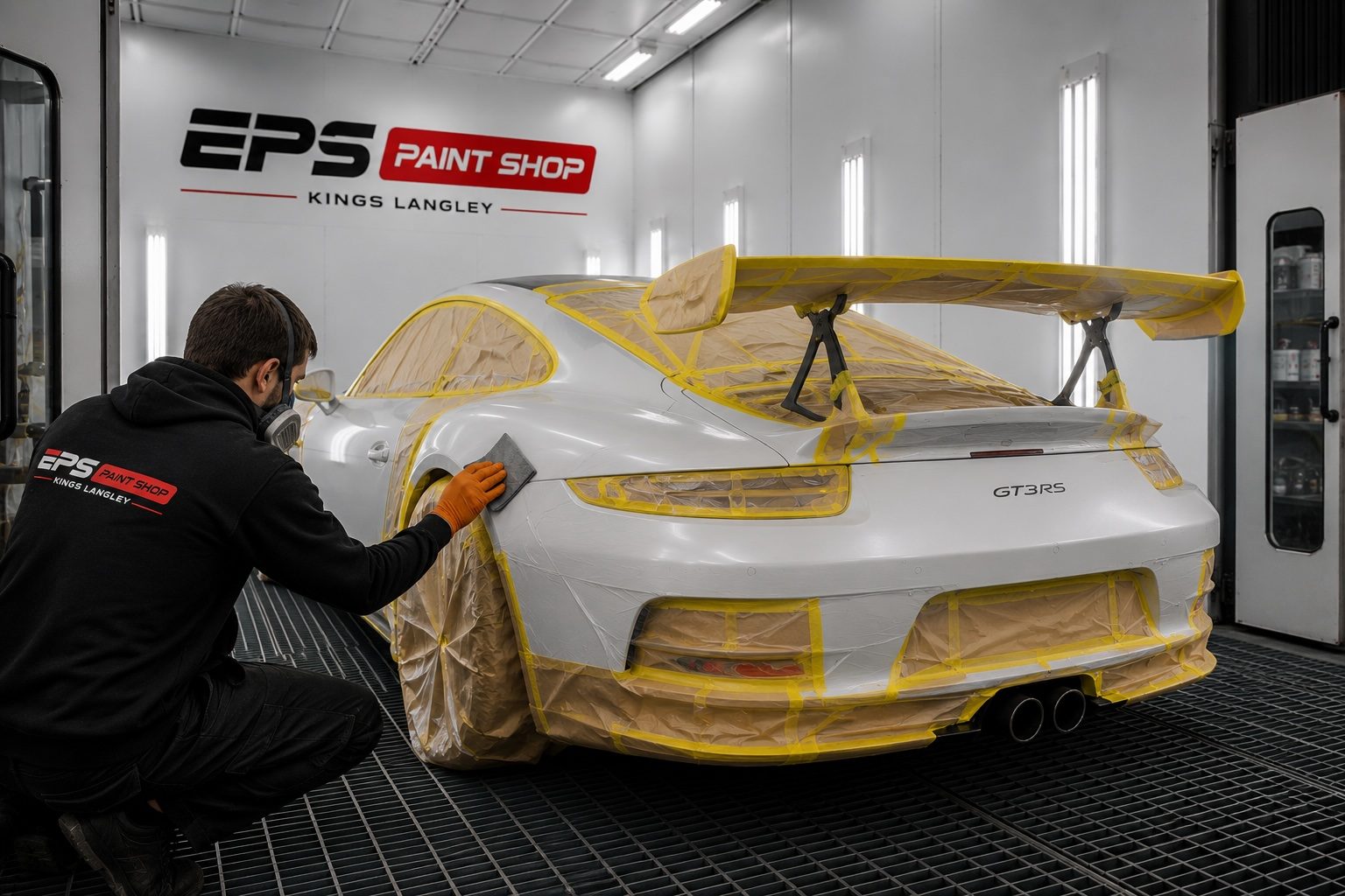 EPS Paint Shop technician in branded hoodie prepping a masked Porsche GT3 RS in the booth, Kings Langley