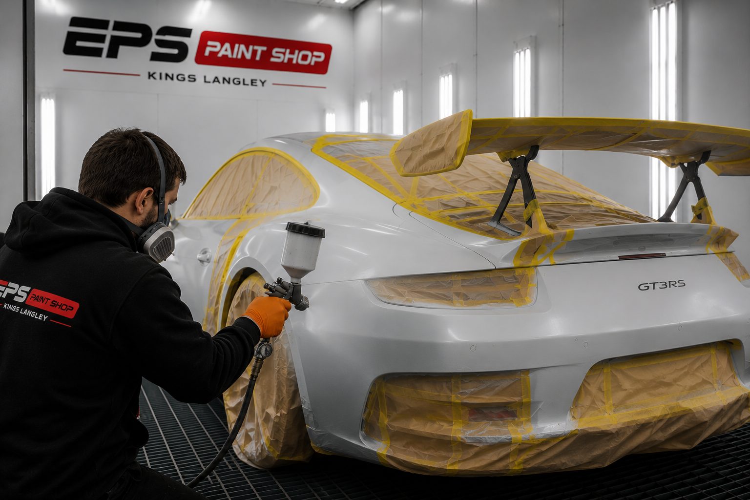 EPS Paint Shop technician in respirator mid-spray on a masked Porsche GT3 RS, Kings Langley