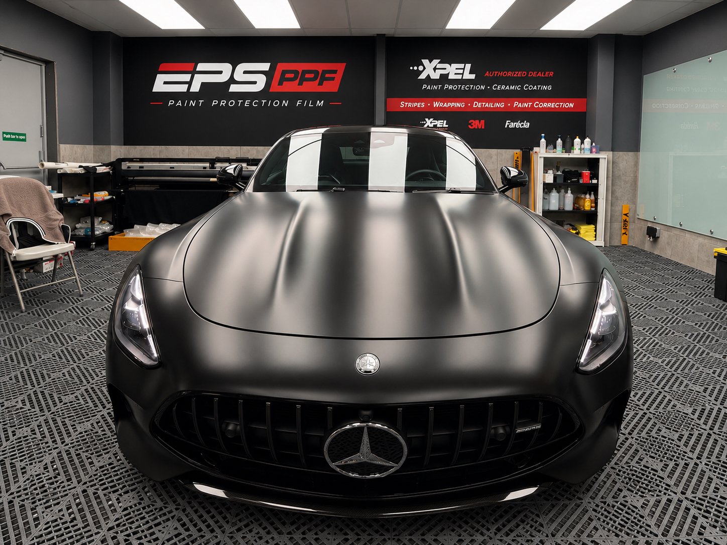 Mercedes-AMG GT matt black wrap, front view with racing stripes