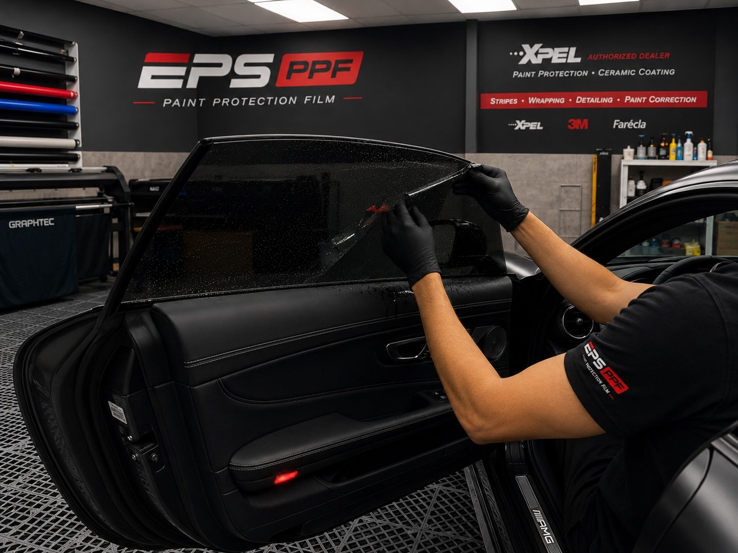 EPS PPF installer fitting ceramic window tint on a Mercedes-AMG at the Watford bay